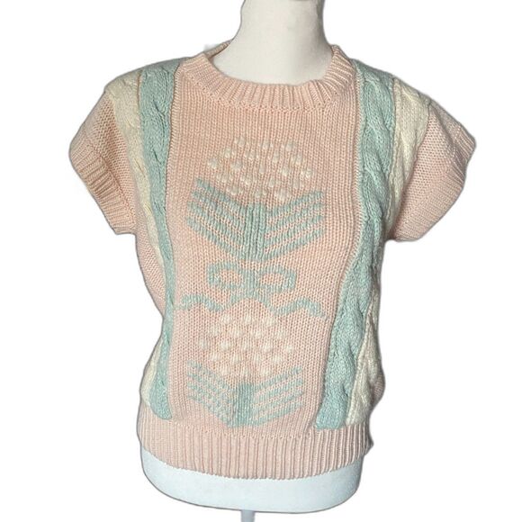 VTG Pastel Short Sleeve Cable Knit Sweater Sz M, Easter Top, Granny Cottagecore - Picture 1 of 8